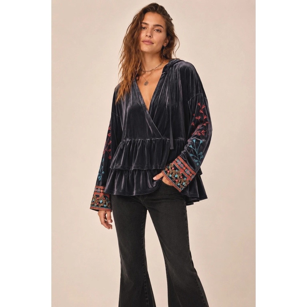Savanna Jane Embroidered Velvet Hooded Top S Peplum Boho Oversize Dark Romantic